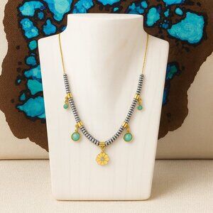 Boho Chic Two Tone 18K Gold Plated Stainless Steel Necklace Floral Charm